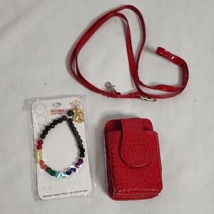 Red Croc-Embossed Phone Case with Beaded Hand  Phone Strap